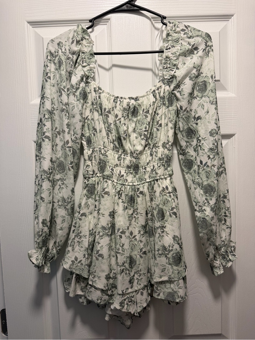 Francesca’s Floral Green and White Long Sleeve Romper